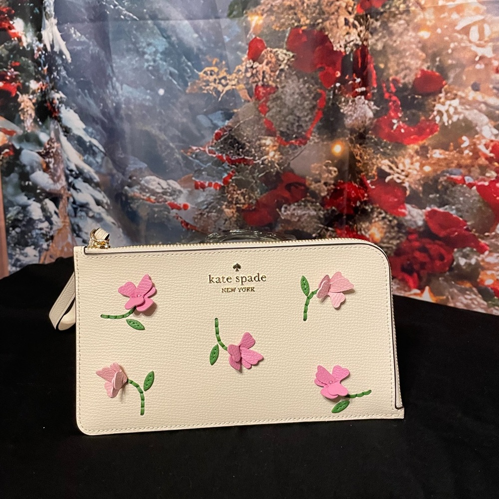 Kate Spade Cream Wristlet with Pink Floral Accents
